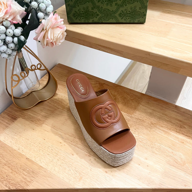 HIGH 10CM WEDGE SANDALS IN RUSSET BROWN SHEEPSKIN