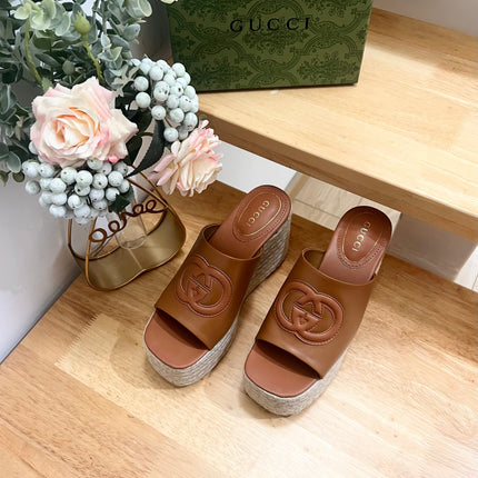 HIGH 10CM WEDGE SANDALS IN RUSSET BROWN SHEEPSKIN