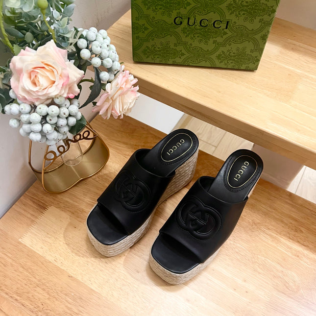 HIGH 10CM WEDGE SANDALS IN BLACK SHEEPSKIN