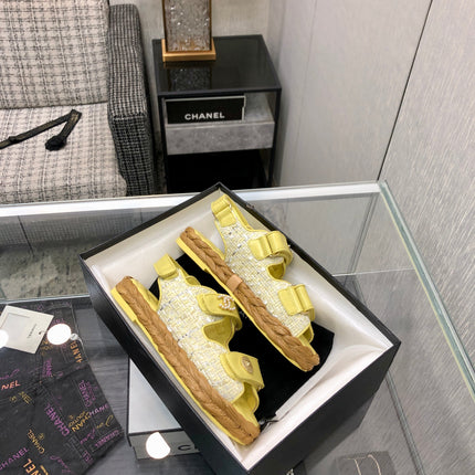 VELCRO SANDALS IN LIGHT YELLOW LAMBSKIN AND TWEED FABRIC