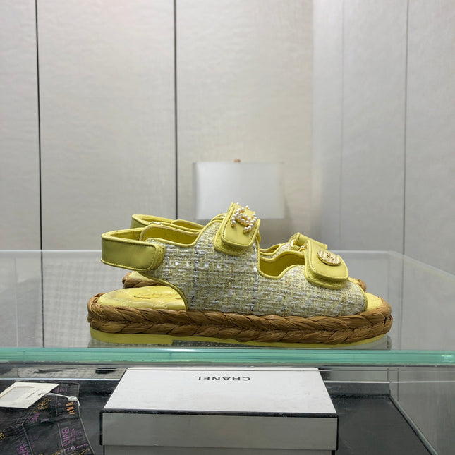 VELCRO SANDALS IN LIGHT YELLOW LAMBSKIN AND TWEED FABRIC