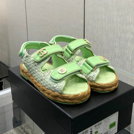 VELCRO SANDALS IN GREEN PASTEL LAMBSKIN AND TWEED FABRIC