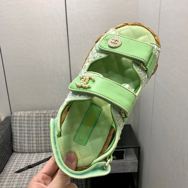 VELCRO SANDALS IN GREEN PASTEL LAMBSKIN AND TWEED FABRIC