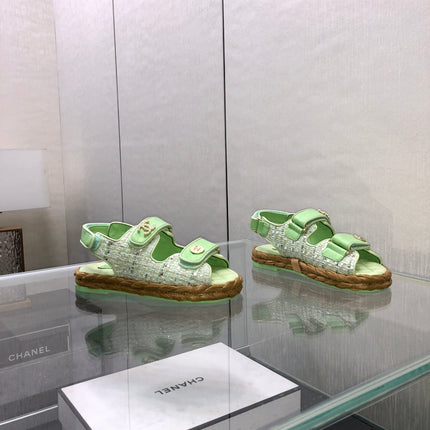 VELCRO SANDALS IN GREEN PASTEL LAMBSKIN AND TWEED FABRIC