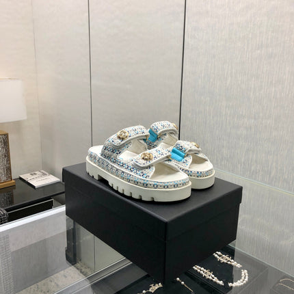 DAD SANDAL MULE IN WHITE MIX LIGHT BLUE TWEED FABRIC