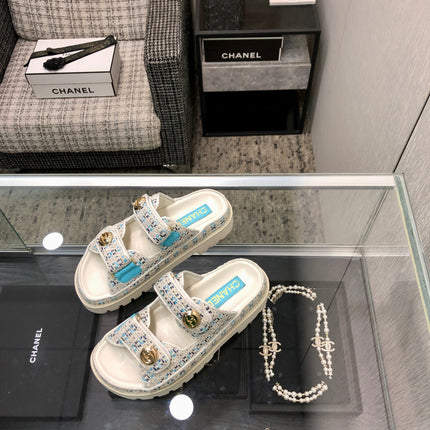 DAD SANDAL MULE IN WHITE MIX LIGHT BLUE TWEED FABRIC