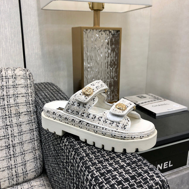 DAD SANDAL MULE IN WHITE MIX BLACK TWEED FABRIC