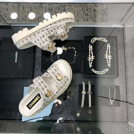 DAD SANDAL MULE IN WHITE MIX BLACK TWEED FABRIC