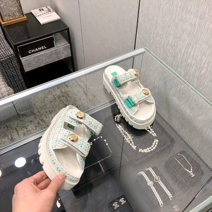 DAD SANDAL MULE IN WHITE MIX PERSIAN GREEN TWEED FABRIC