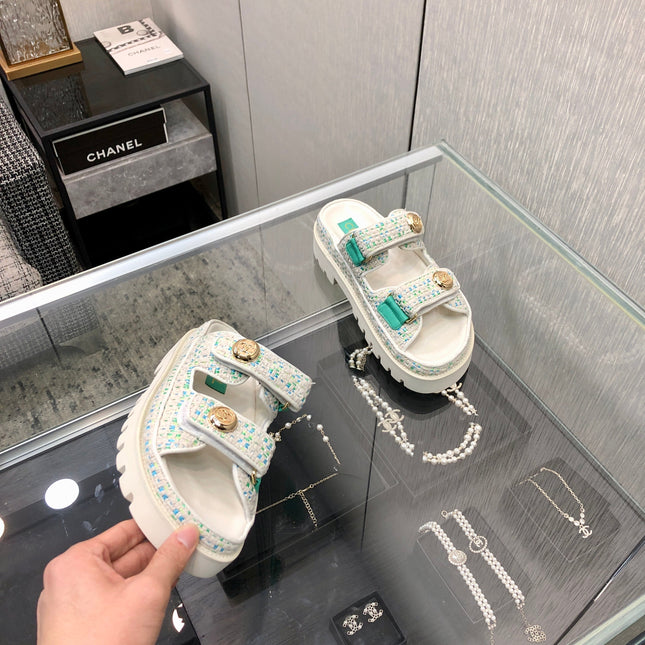 DAD SANDAL MULE IN WHITE MIX PERSIAN GREEN TWEED FABRIC