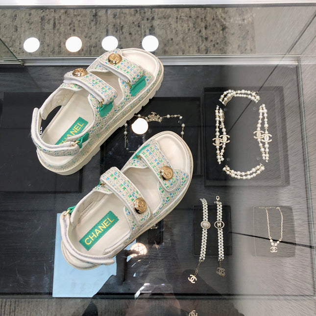 DAD SANDAL IN WHITE MIX PERSIAN GREEN TWEED FABRIC