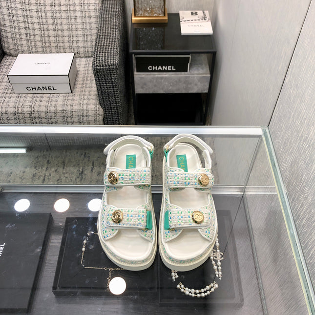 DAD SANDAL IN WHITE MIX PERSIAN GREEN TWEED FABRIC