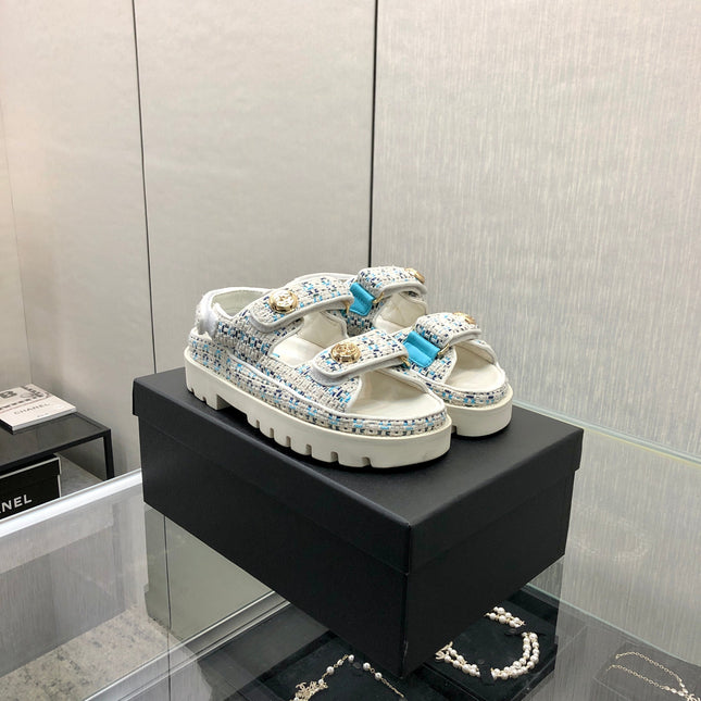 DAD SANDAL IN WHITE MIX LIGHT BLUE TWEED FABRIC