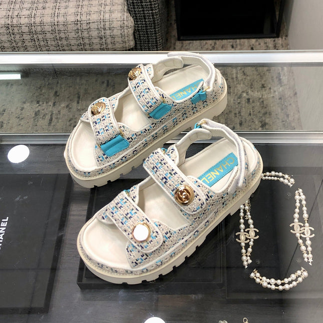 DAD SANDAL IN WHITE MIX LIGHT BLUE TWEED FABRIC