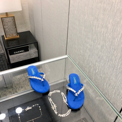 THONG SLIDE IN COBALT BLUE SUEDE WITH WHITE CRYSTALS