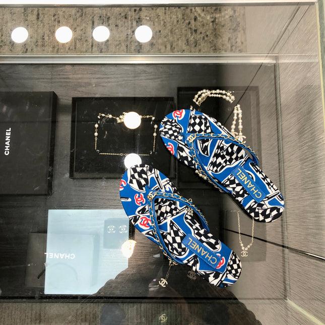 THONG SLIDE IN COBALT BLUE MIX COLORFUL FLORAL FABRIC