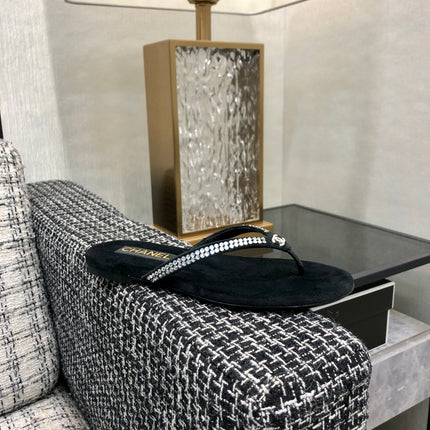 THONG SLIDE IN BLACK SUEDE WITH WHITE RHINSTONES