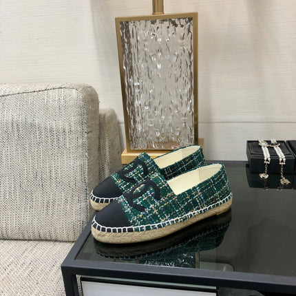 ESPADRILLE FOREST GREEN TWEED FABRIC AND BLACK CALFSKIN FLATS