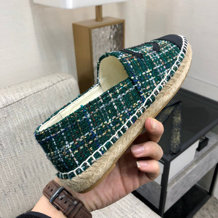 ESPADRILLE FOREST GREEN TWEED FABRIC AND BLACK CALFSKIN FLATS