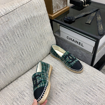 ESPADRILLE FOREST GREEN TWEED FABRIC AND BLACK CALFSKIN FLATS