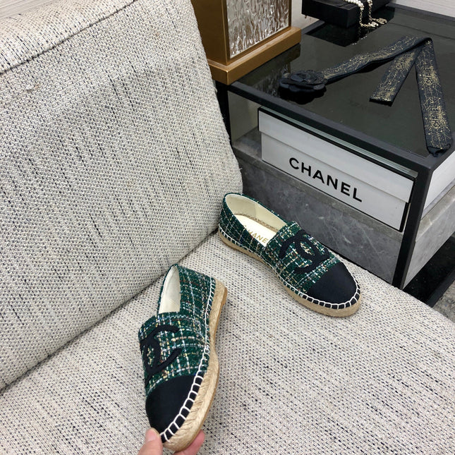 ESPADRILLE FOREST GREEN TWEED FABRIC AND BLACK CALFSKIN FLATS