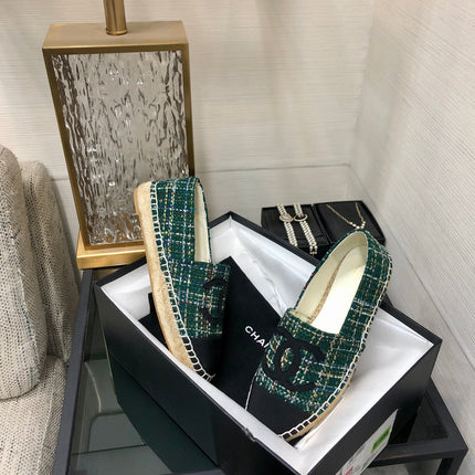 ESPADRILLE FOREST GREEN TWEED FABRIC AND BLACK CALFSKIN FLATS