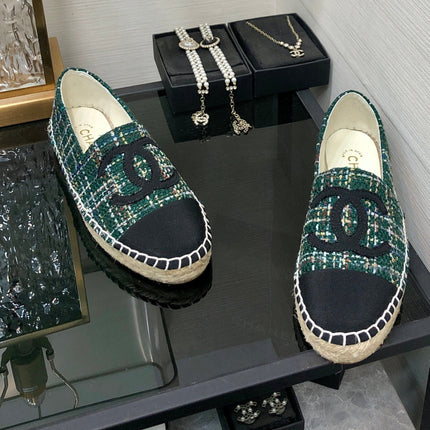 ESPADRILLE FOREST GREEN TWEED FABRIC AND BLACK CALFSKIN FLATS