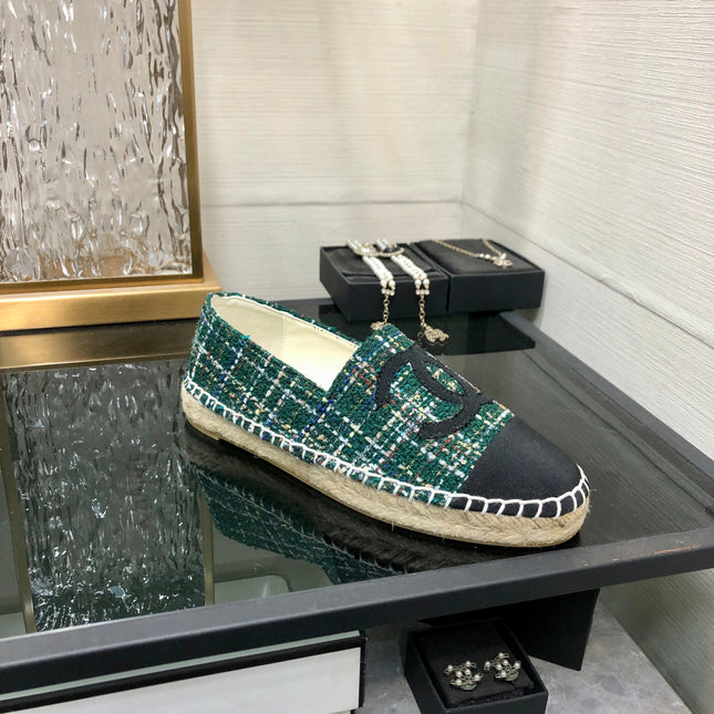 ESPADRILLE FOREST GREEN TWEED FABRIC AND BLACK CALFSKIN FLATS