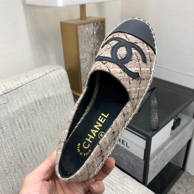 ESPADRILLE CAMEL BEIGE TWEED FABRIC AND BLACK CALFSKIN FLATS