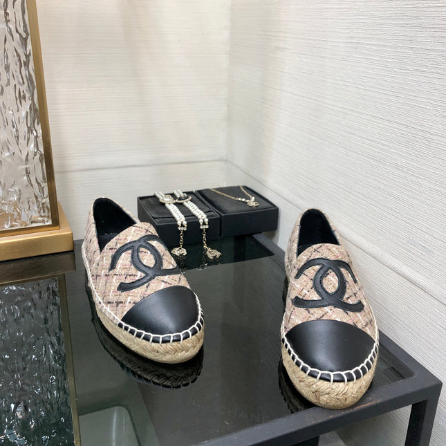 ESPADRILLE CAMEL BEIGE TWEED FABRIC AND BLACK CALFSKIN FLATS