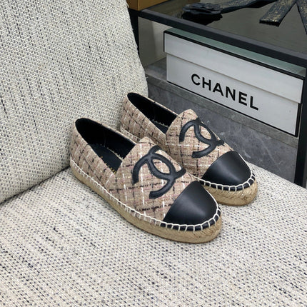 ESPADRILLE CAMEL BEIGE TWEED FABRIC AND BLACK CALFSKIN FLATS