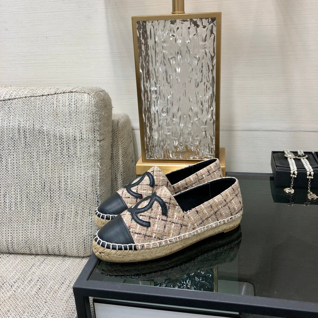 ESPADRILLE CAMEL BEIGE TWEED FABRIC AND BLACK CALFSKIN FLATS