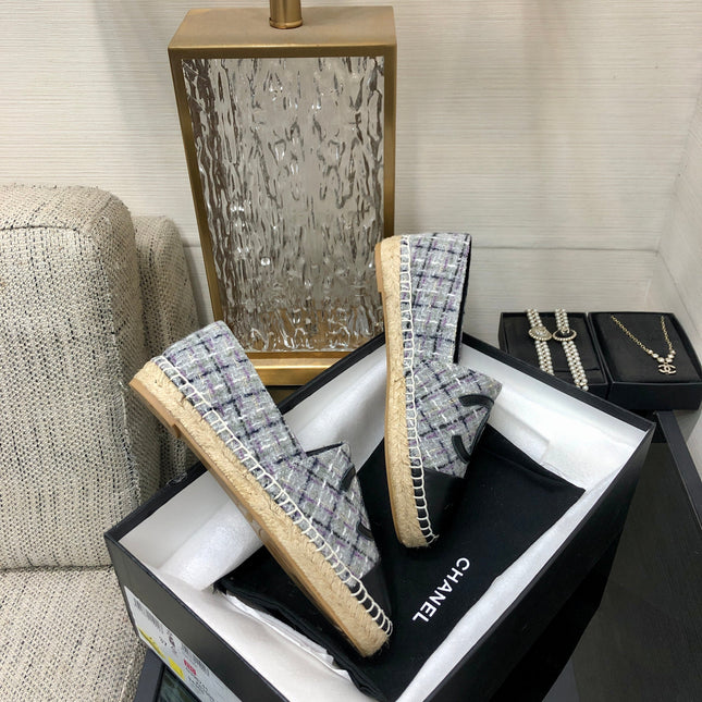 ESPADRILLE COLORFUL TWEED FABRIC AND BLACK CALFSKIN FLATS