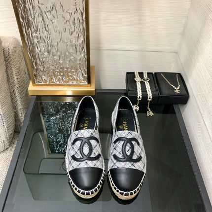 ESPADRILLE COLORFUL TWEED FABRIC AND BLACK CALFSKIN FLATS