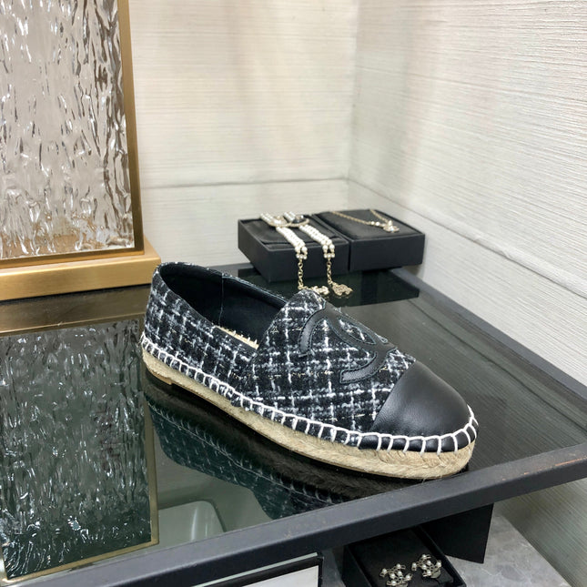 ESPADRILLE BLACK MIX WHITE TWEED FABRIC AND CALFSKIN FLATS