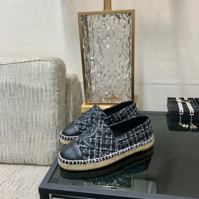 ESPADRILLE BLACK MIX WHITE TWEED FABRIC AND CALFSKIN FLATS