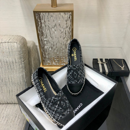 ESPADRILLE BLACK MIX WHITE TWEED FABRIC AND CALFSKIN FLATS