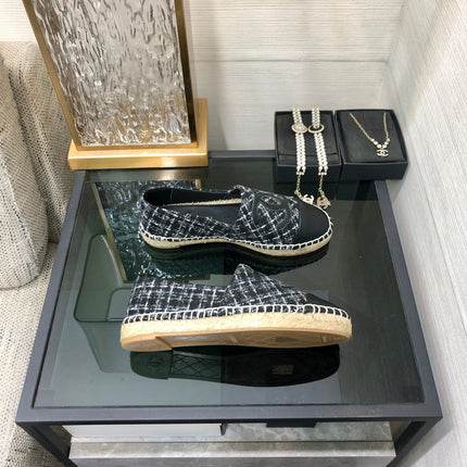 ESPADRILLE BLACK MIX WHITE TWEED FABRIC AND CALFSKIN FLATS