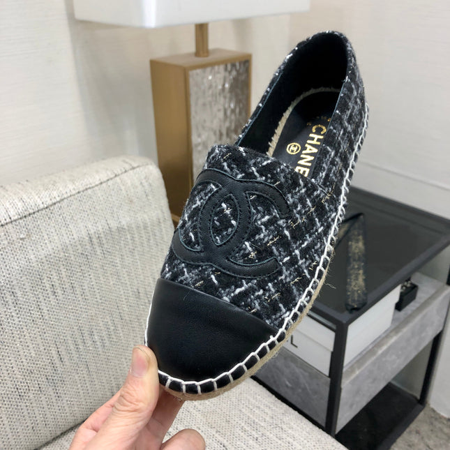 ESPADRILLE BLACK MIX WHITE TWEED FABRIC AND CALFSKIN FLATS