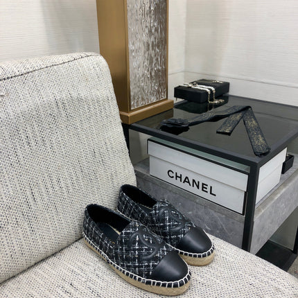 ESPADRILLE BLACK MIX WHITE TWEED FABRIC AND CALFSKIN FLATS
