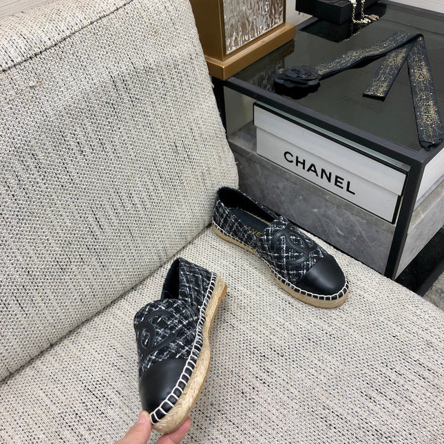ESPADRILLE BLACK MIX WHITE TWEED FABRIC AND CALFSKIN FLATS