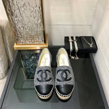 ESPADRILLE BLACK MIX WHITE TWEED FABRIC AND CALFSKIN FLATS 185046