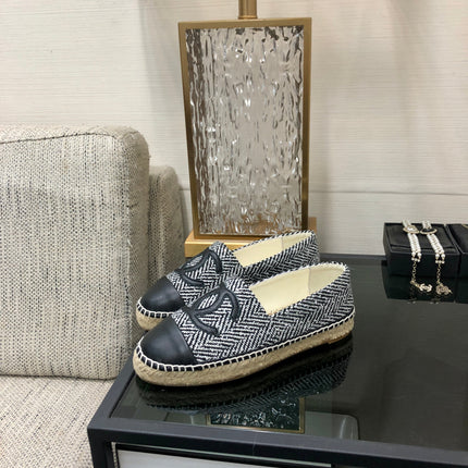 ESPADRILLE BLACK MIX WHITE TWEED FABRIC AND CALFSKIN FLATS 185046