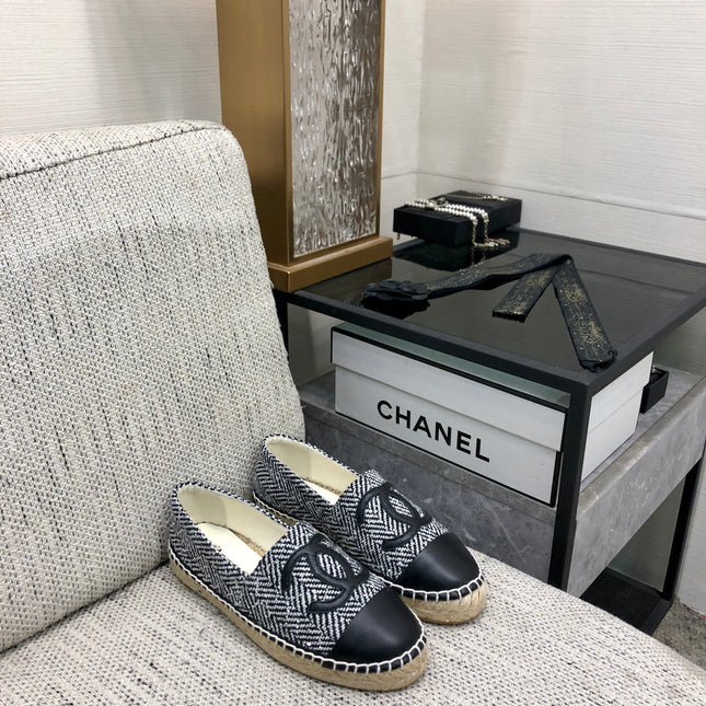 ESPADRILLE BLACK MIX WHITE TWEED FABRIC AND CALFSKIN FLATS 185046