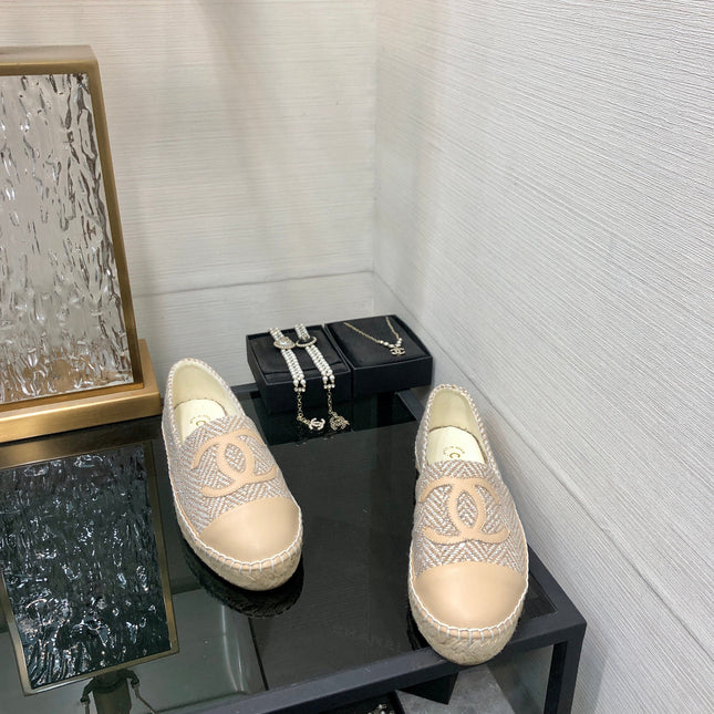 ESPADRILLE BISQUE BEIGE TWEED FABRIC AND CALFSKIN FLATS