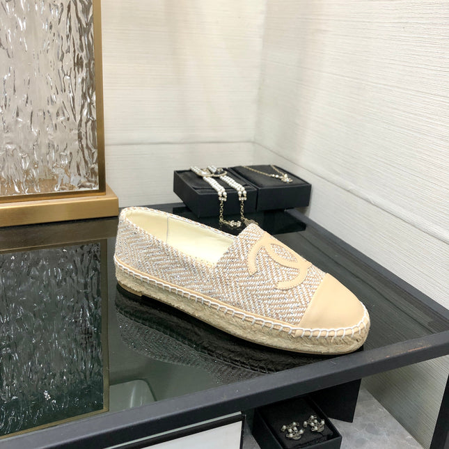 ESPADRILLE BISQUE BEIGE TWEED FABRIC AND CALFSKIN FLATS