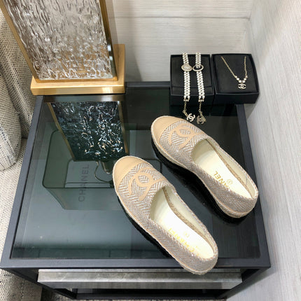 ESPADRILLE BISQUE BEIGE TWEED FABRIC AND CALFSKIN FLATS