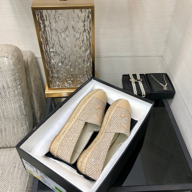 ESPADRILLE BISQUE BEIGE TWEED FABRIC AND CALFSKIN FLATS