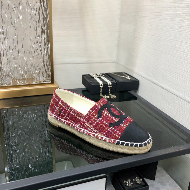 ESPADRILLE BLACK MIX CRIMSON RED TWEED FABRIC FLATS