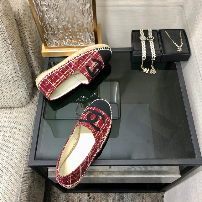 ESPADRILLE BLACK MIX CRIMSON RED TWEED FABRIC FLATS